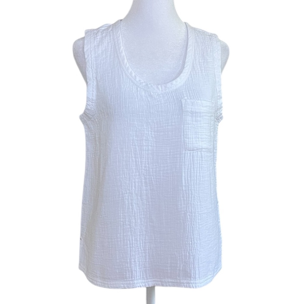 Lilla P White Crinkle Cotton Tank Top Sz XS Front Bodice Pocket Gauzy Scoop Neck